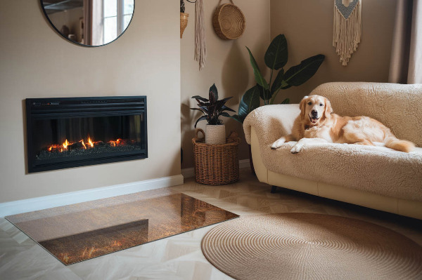 Placa protección suelo estufa Acentos oxidados en el fondo.