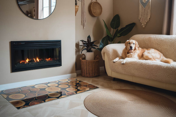 Protector suelo para estufa de leña Una caja con un motivo de madera dentada.