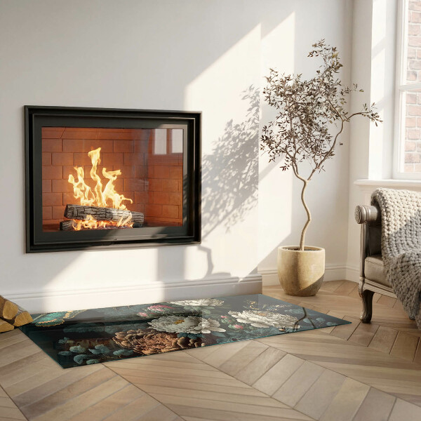 Placa de vidrio para chimenea Mariposas sobre un fondo de flores.