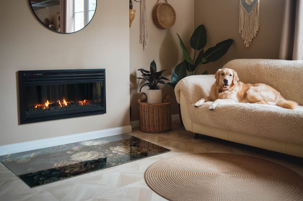 Placa de vidrio para chimenea Mariposas sobre un fondo de flores.