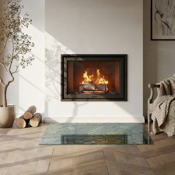 Protector suelo para estufa de leña Mariposas entre acentos vegetales.