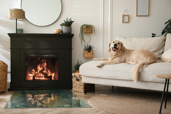 Protector suelo para estufa de leña Mariposas entre acentos vegetales.