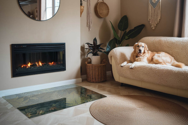 Protector suelo para estufa de leña Mariposas entre acentos vegetales.