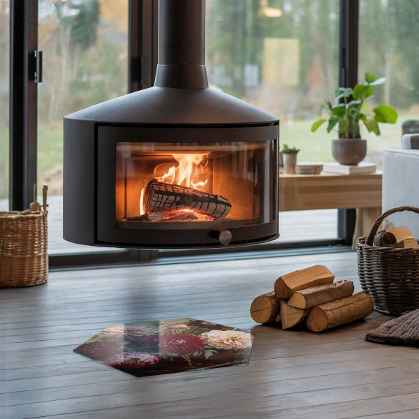 Protector suelo para estufa de leña hexagonal Detalle floral en plena floración