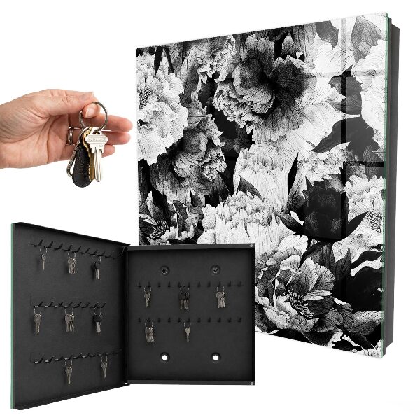 Caja para llaves con diseño de flores blancas y negras