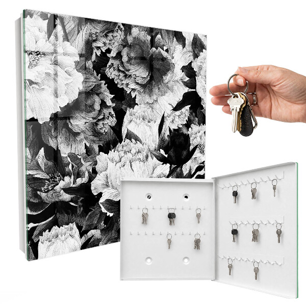 Caja para llaves con diseño de flores blancas y negras