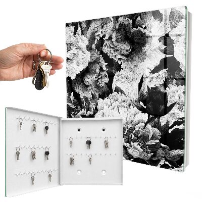 Caja para llaves con diseño de flores blancas y negras