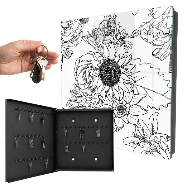 Armario para colgar llaves con diseño de flores blancas y negras