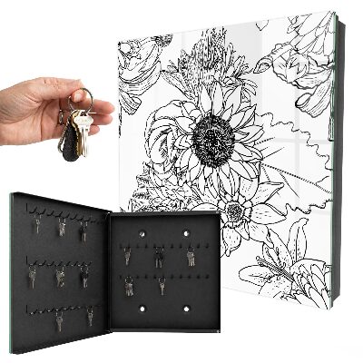 Armario para colgar llaves con diseño de flores blancas y negras