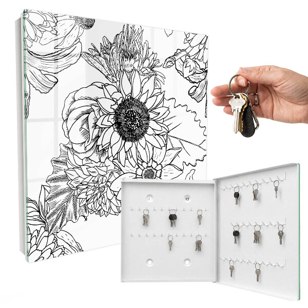 Armario para colgar llaves con diseño de flores blancas y negras