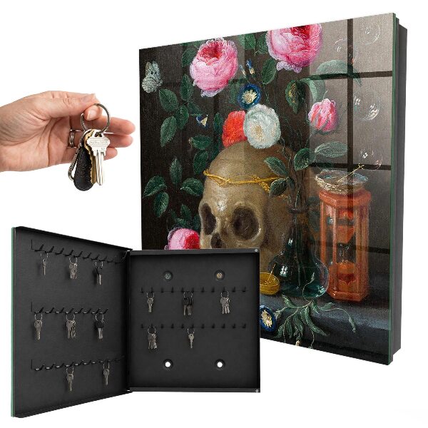 Caja para llaves con diseño de calavera y flores