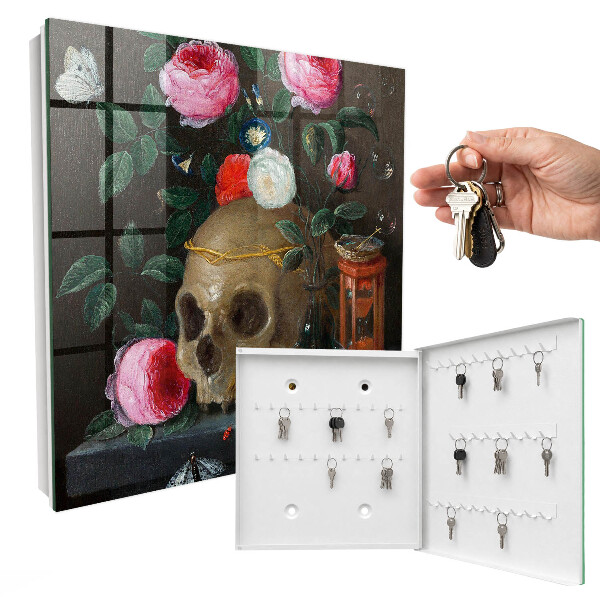 Caja para llaves con diseño de calavera y flores