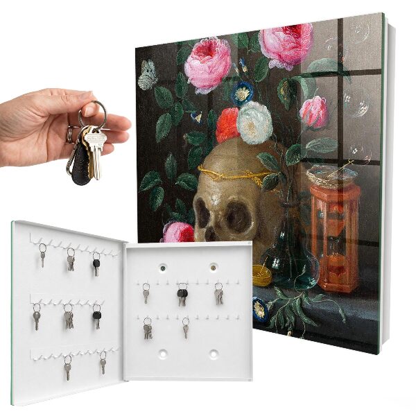 Caja para llaves con diseño de calavera y flores