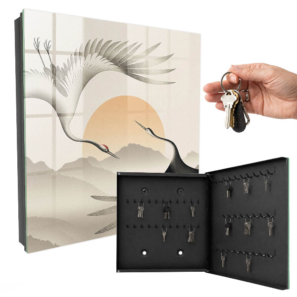 Caja para llaves con diseño de grullas japonesas y sol naciente