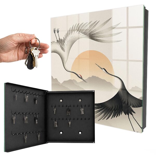 Caja para llaves con diseño de grullas japonesas y sol naciente