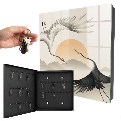 Caja para llaves con diseño de grullas japonesas y sol naciente