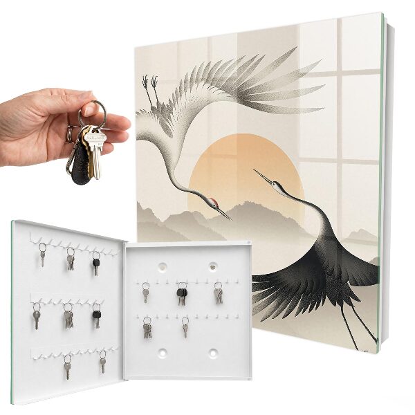 Caja para llaves con diseño de grullas japonesas y sol naciente
