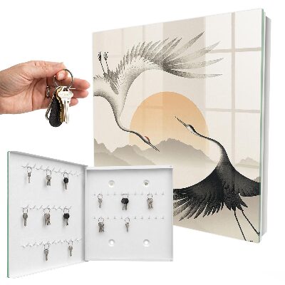 Caja para llaves con diseño de grullas japonesas y sol naciente