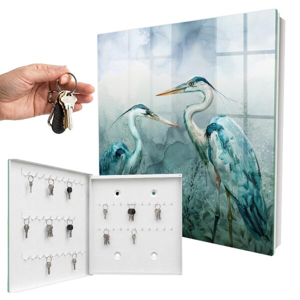 Caja para llaves con diseño de garzas en acuarela