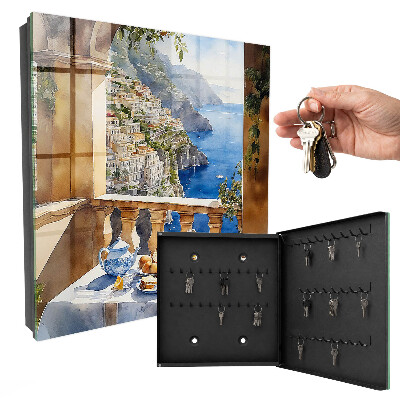 Armario para llaves de pared con diseño de desayuno en la terraza