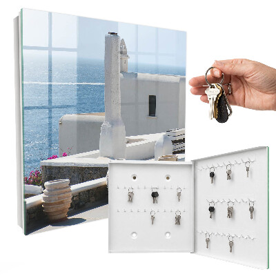 Armario para colgar llaves con diseño de casas blancas en Grecia junto al mar