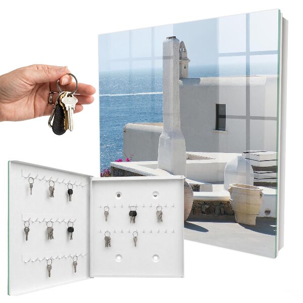 Armario para colgar llaves con diseño de casas blancas en Grecia junto al mar