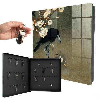 Armario para llaves con diseño de El cuervo y la flor de cerezo de Ohara Koson