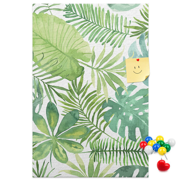 Tablero de corcho para pared Estampado de hojas tropicales en tonos verdes.
