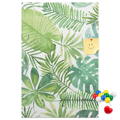 Tablero de corcho para pared Estampado de hojas tropicales en tonos verdes.
