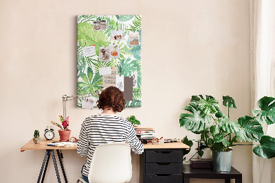 Tablero de corcho para pared Estampado de hojas tropicales en tonos verdes.