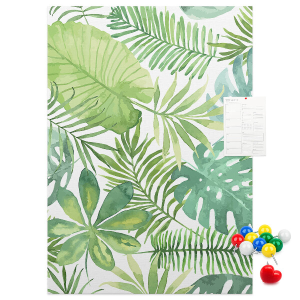 Tablero de corcho para pared Estampado de hojas tropicales en tonos verdes.