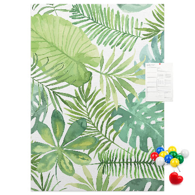 Tablero de corcho para pared Estampado de hojas tropicales en tonos verdes.