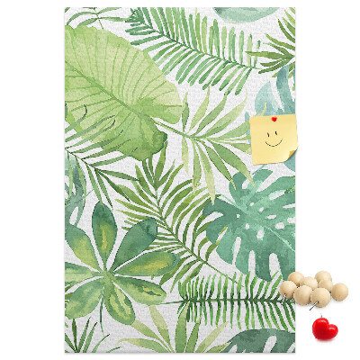 Tablero de corcho para pared Estampado de hojas tropicales en tonos verdes.