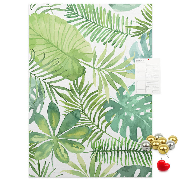 Tablero de corcho para pared Estampado de hojas tropicales en tonos verdes.