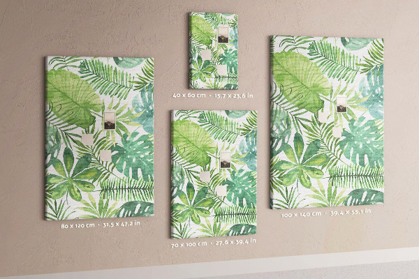 Tablero de corcho para pared Estampado de hojas tropicales en tonos verdes.