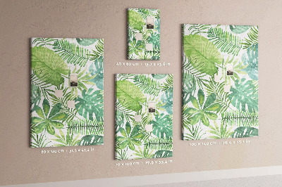 Tablero de corcho para pared Estampado de hojas tropicales en tonos verdes.