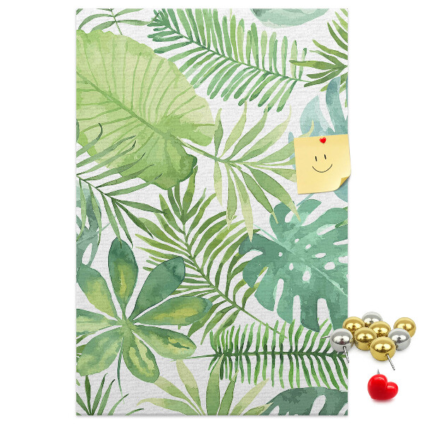 Tablero de corcho para pared Estampado de hojas tropicales en tonos verdes.