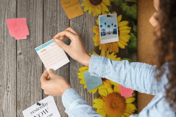 Decoración pizarra de corcho Girasoles sobre un fondo de tabla de madera