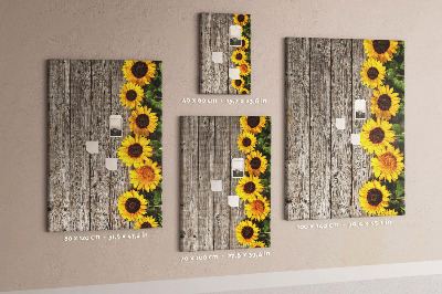 Decoración pizarra de corcho Girasoles sobre un fondo de tabla de madera