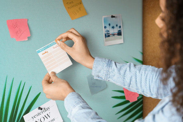 Tablero de corcho para pared Hojas tropicales sobre un fondo azul