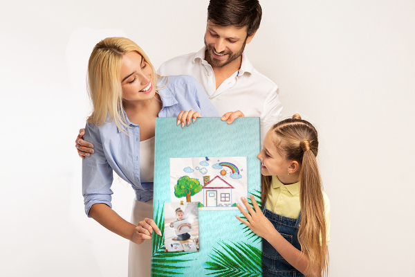 Tablero de corcho para pared Hojas tropicales sobre un fondo azul