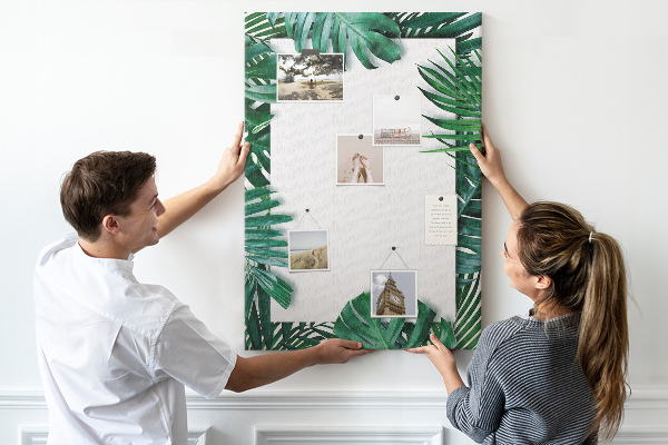 Tablero de corcho para pared con diseño de hojas tropicales y marco blanco