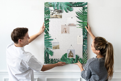 Tablero de corcho para pared con diseño de hojas tropicales y marco blanco