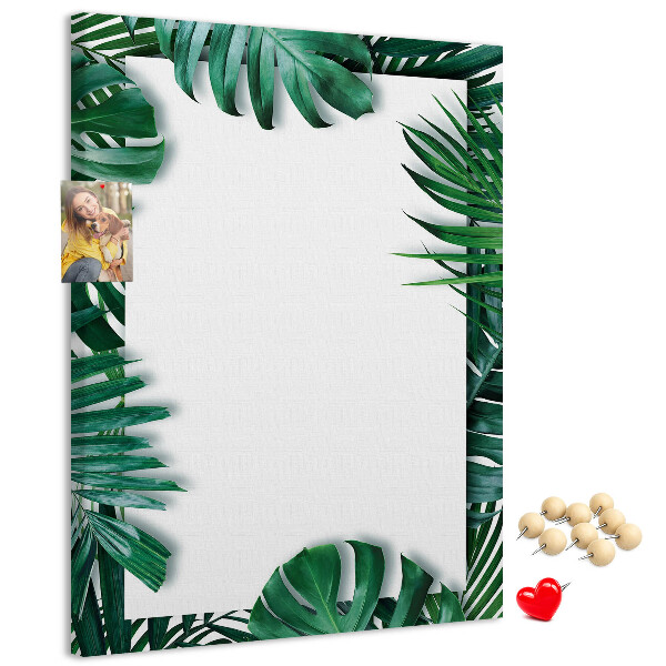 Tablero de corcho para pared con diseño de hojas tropicales y marco blanco