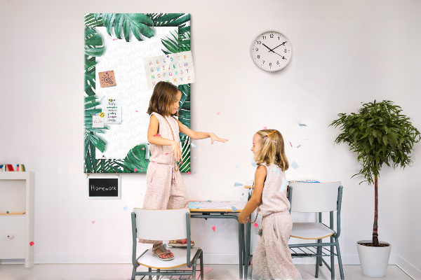 Tablero de corcho para pared con diseño de hojas tropicales y marco blanco