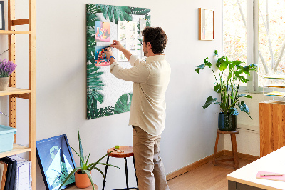 Tablero de corcho para pared con diseño de hojas tropicales y marco blanco