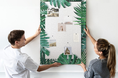 Tablero de corcho para pared con diseño de hojas tropicales y marco blanco
