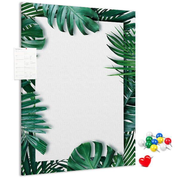 Tablero de corcho para pared con diseño de hojas tropicales y marco blanco
