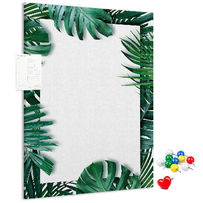Tablero de corcho para pared con diseño de hojas tropicales y marco blanco