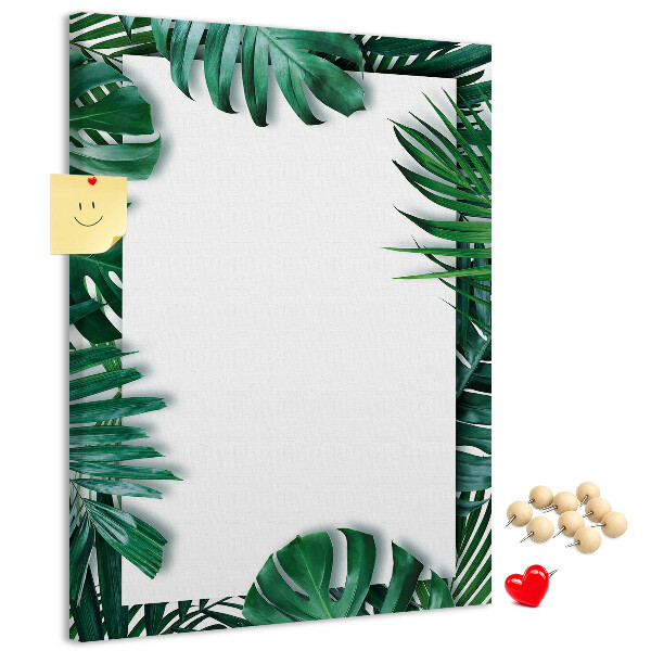 Tablero de corcho para pared con diseño de hojas tropicales y marco blanco